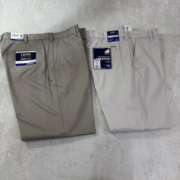 NEW IZOD Classic Khaki Pants Chino Pants Flat Front Mens Size 38x30 Set Of2NWT